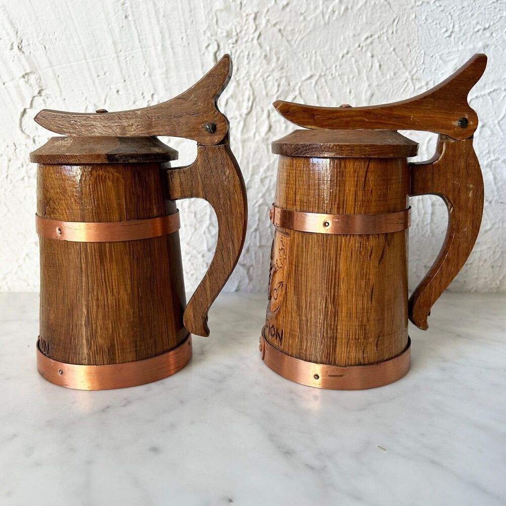 Vintage Zodiac Wooden Beer Steins Aquarius & Scorpio Copper Trim Lidded German